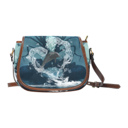 Dolphin jumping by a heart Saddle Bag/Small (Model 1649) Full Customization
