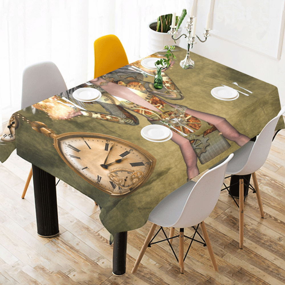 Steampunk lady with clocks and gears Cotton Linen Tablecloth 52"x 70"