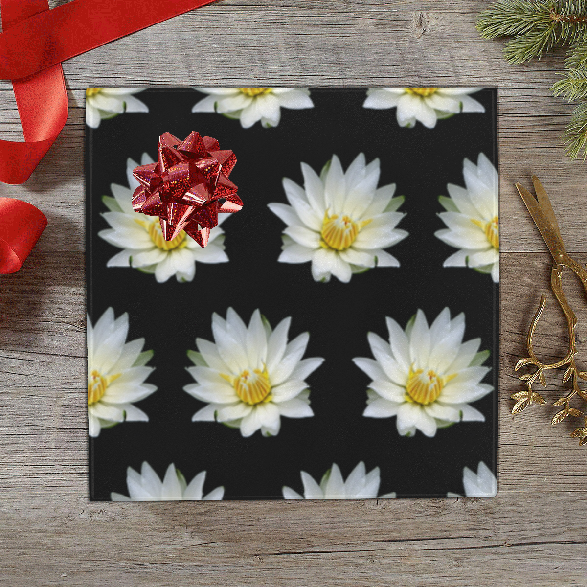 Flowers: White Waterlilies with Dew Drops Gift Wrapping Paper 58"x 23" (1 Roll)