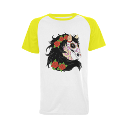 Sugar Skull Horse Red Roses Yellow Men's Raglan T-shirt Big Size (USA Size) (Model T11)