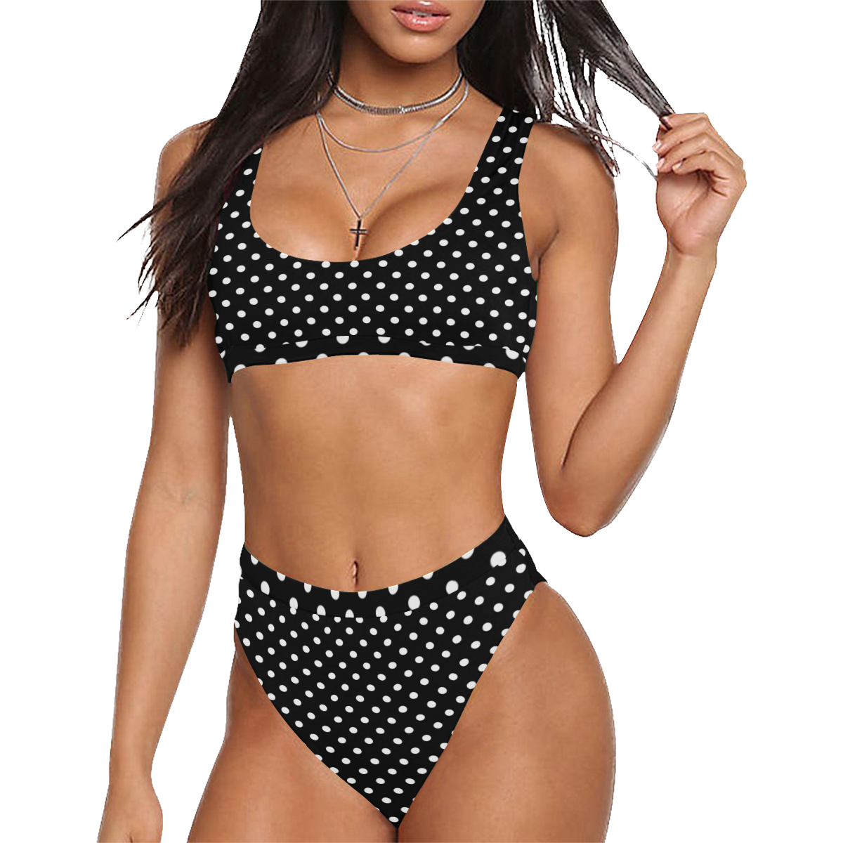 Polka Dot Sport Top & High-Waisted Bikini Swimsuit (Model S07)