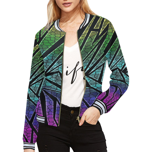 Neon Rainbow Cracked Mosaic All Over Print Bomber Jacket for Women (Model H21)