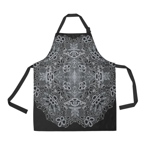 White Crocheted Lace Mandala Pattern on black All Over Print Apron