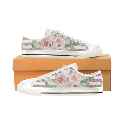 Sweet Pink Floral Shoes, Glitter Art Women's Classic Canvas Shoes (Model 018)