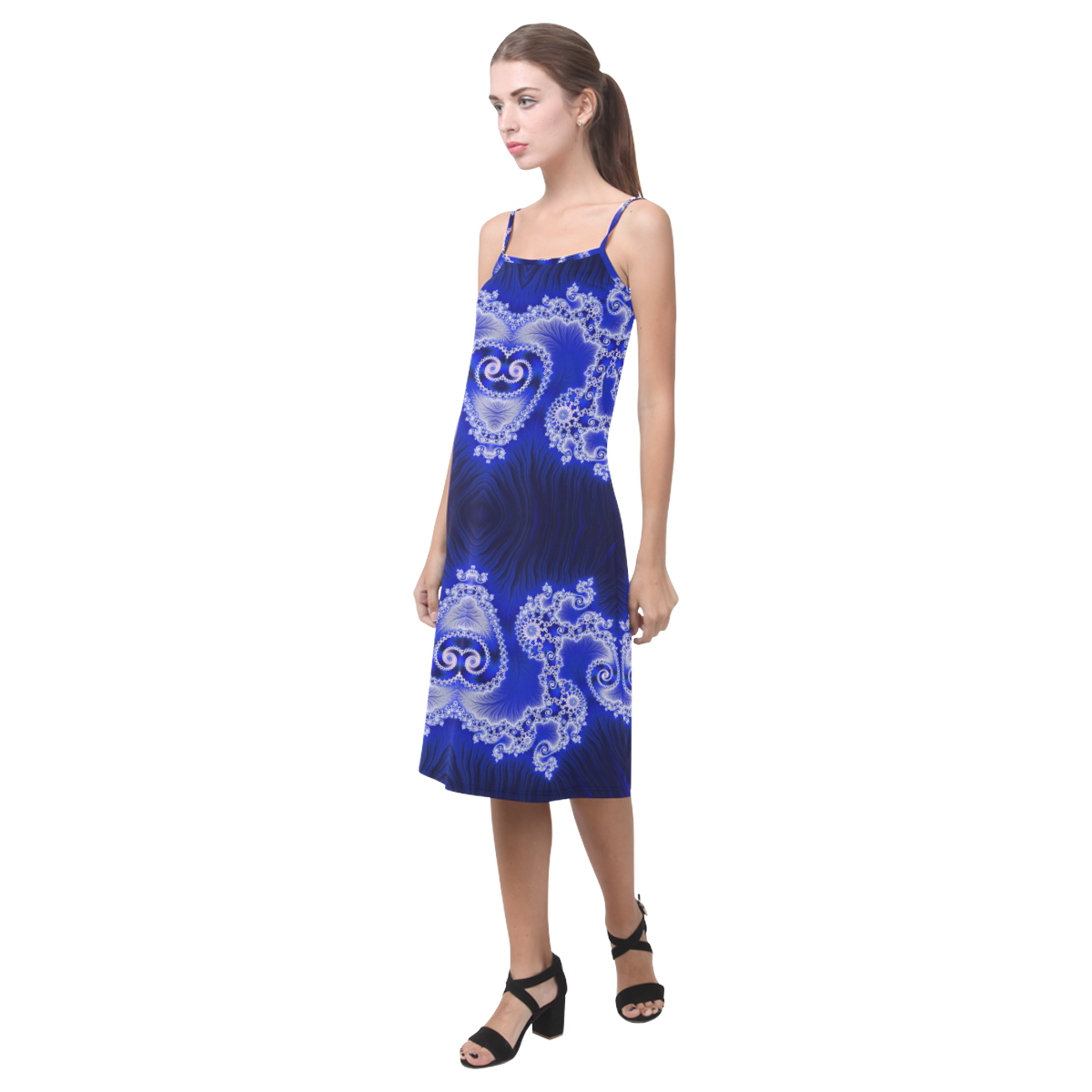 Blue and White Hearts  Lace Fractal Abstract Alcestis Slip Dress (Model D05)