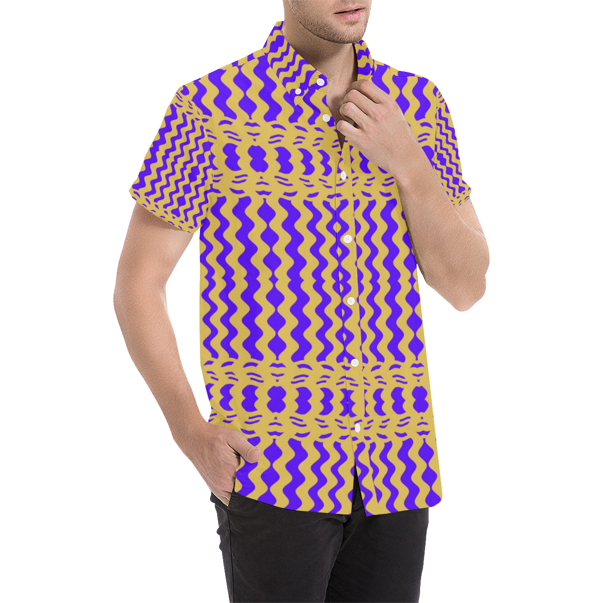 Purple Yellow Modern  Waves Lines Men's All Over Print Short Sleeve Shirt (Model T53)