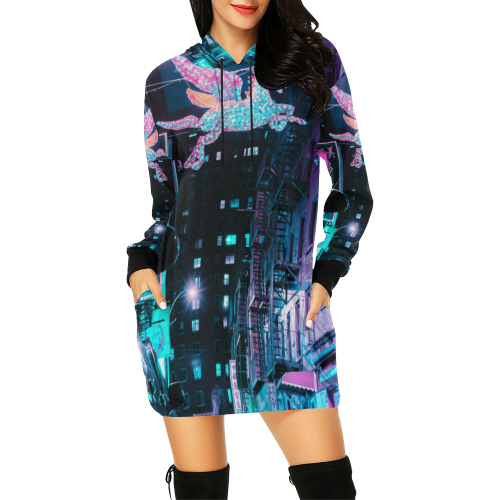 Unicorn City Neon All Over Print Hoodie Mini Dress (Model H27)