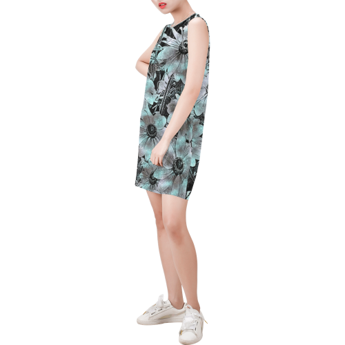 wonderful sparkling Floral C by JamColors Sleeveless Round Neck Shift Dress (Model D51)