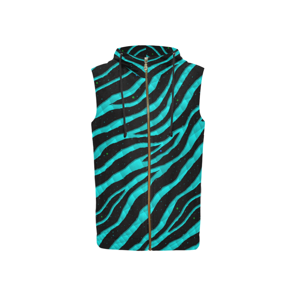 Ripped SpaceTime Stripes - Cyan All Over Print Sleeveless Zip Up Hoodie for Women (Model H16)