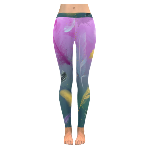 Dancing Feathers - Pink and Green Women's Low Rise Leggings (Invisible Stitch) (Model L05)