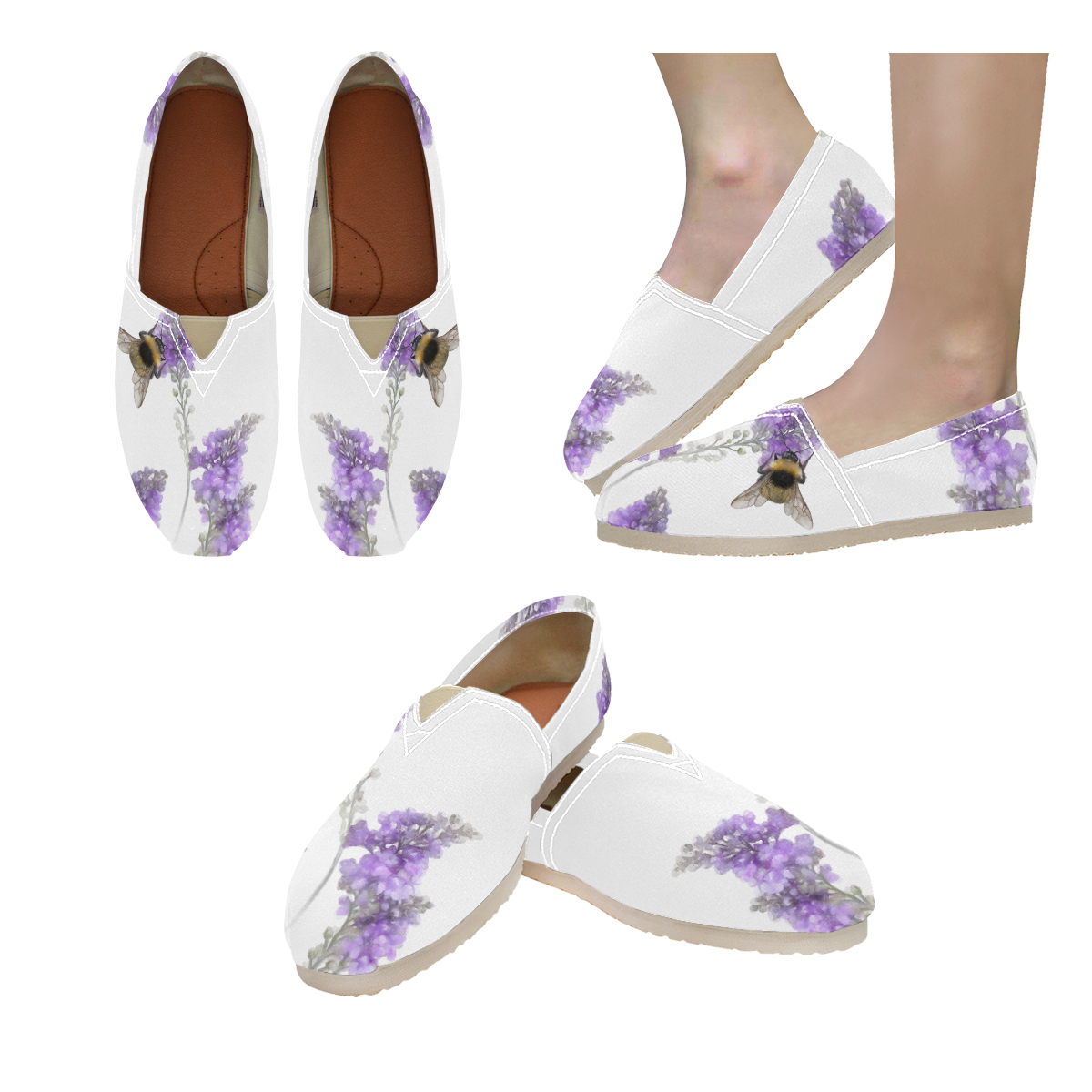 Bumblebee on Violet Flowers, floral watercolor Women's Classic Canvas Slip-On (Model 1206)