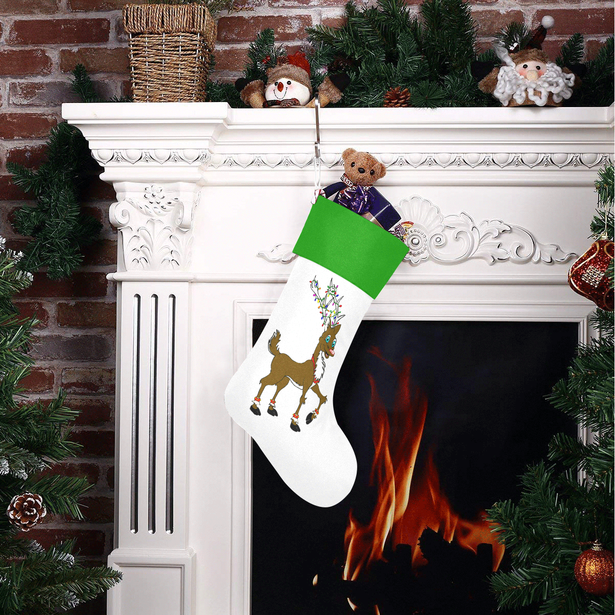 Rudy Reindeer With Lights White/Green Christmas Stocking