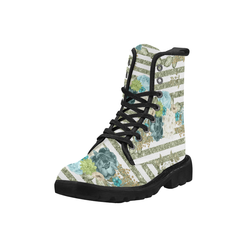 Luxury Teal Boots, Floral Stripes Glitter Martin Boots for Women (Black) (Model 1203H)