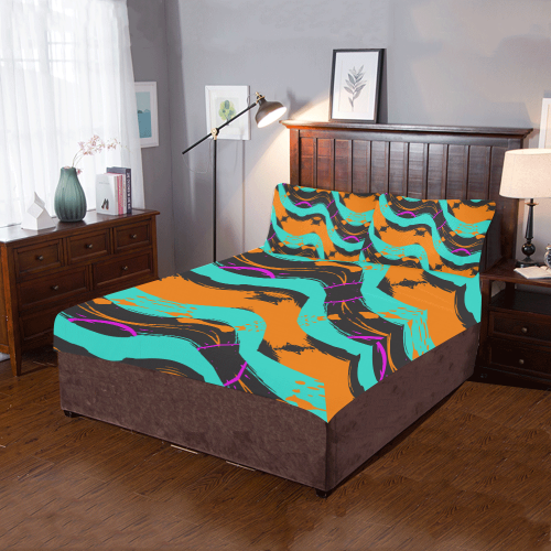Blue orange black waves 3-Piece Bedding Set