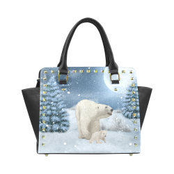 Polar bear mum with polar bear cub Rivet Shoulder Handbag (Model 1645)