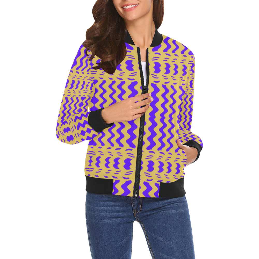 Purple Yellow Modern  Waves Lines All Over Print Bomber Jacket for Women (Model H19)