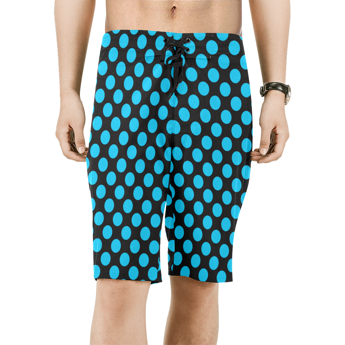 Blue Polka Dots on Black Men's All Over Print Board Shorts (Model L16)