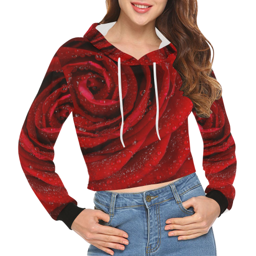 Red rosa All Over Print Crop Hoodie for Women (Model H22)