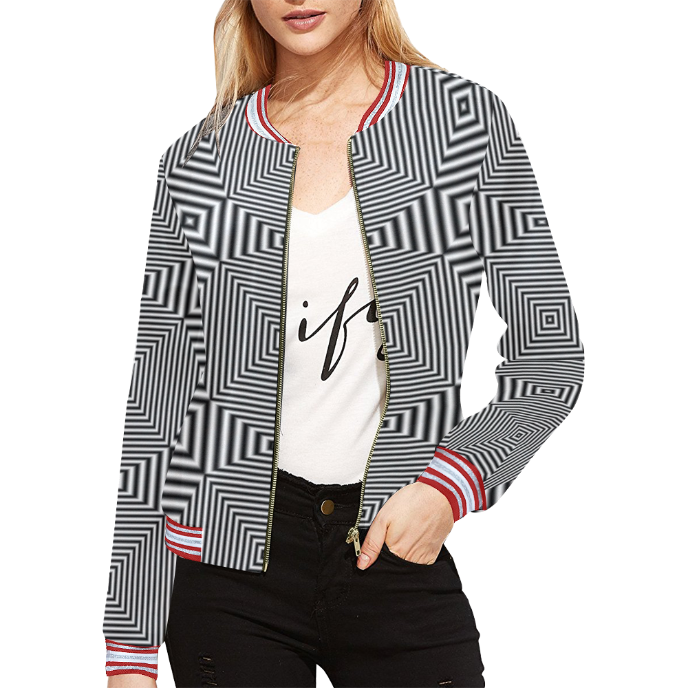 Striped geometric pattern Red Edging Version All Over Print Bomber Jacket for Women (Model H21)