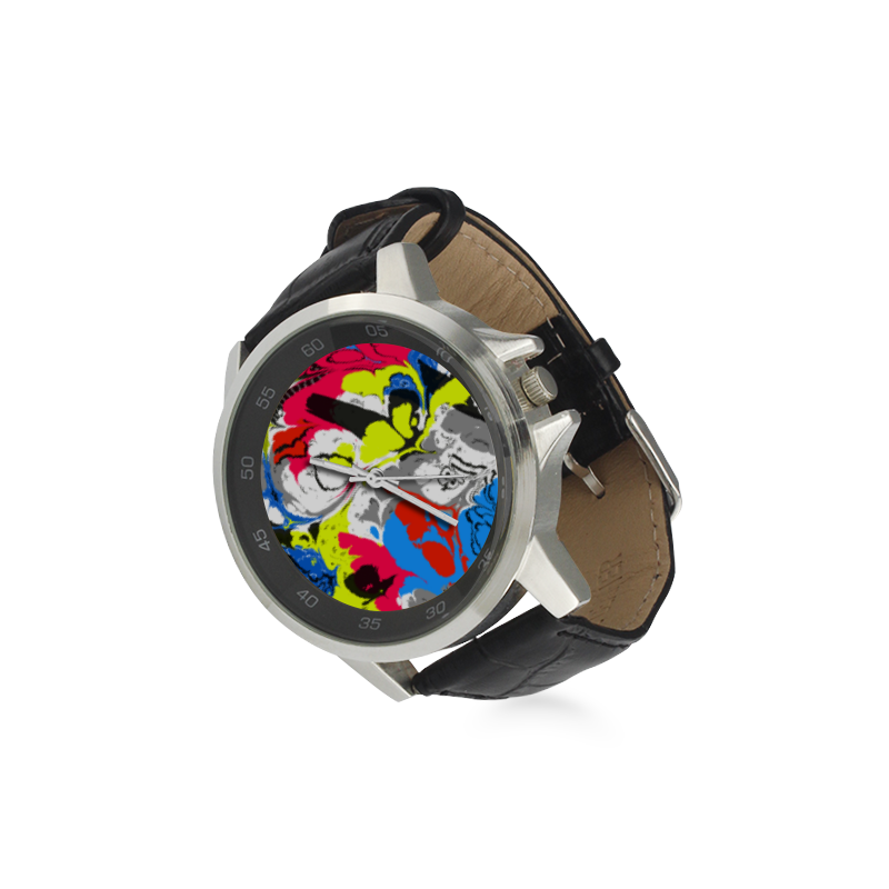 Colorful distorted shapes2 Unisex Stainless Steel Leather Strap Watch(Model 202)