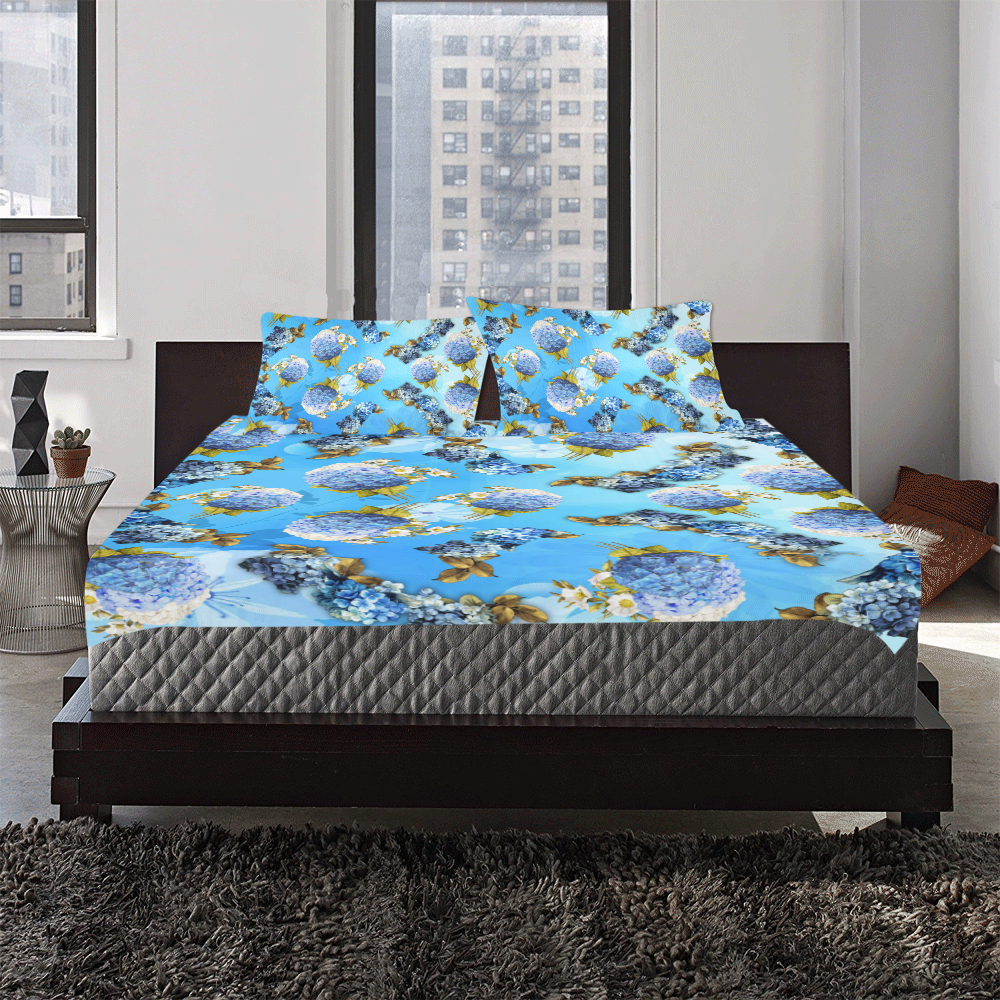 blue shades watercolor Hydrangeas on BLUE 3-Piece Bedding Set
