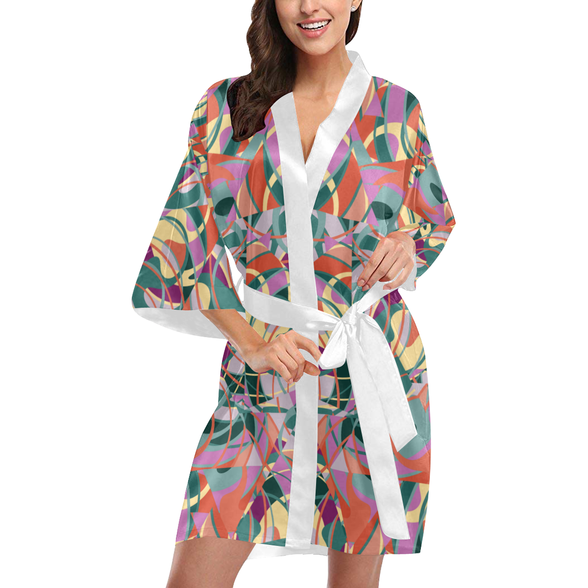 Summer Abstract  Green and Coral Kimono Robe