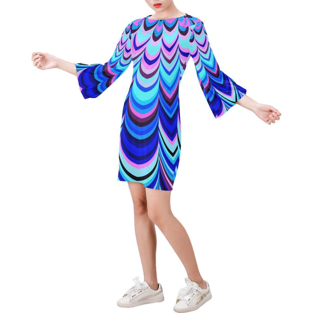 Neon blue striped pattern Bell Sleeve Dress (Model D52)
