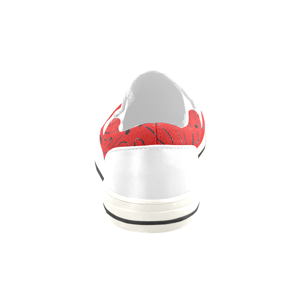 Red Black Abstract Leaf Slip-on Canvas Shoes for Kid (Model 019)