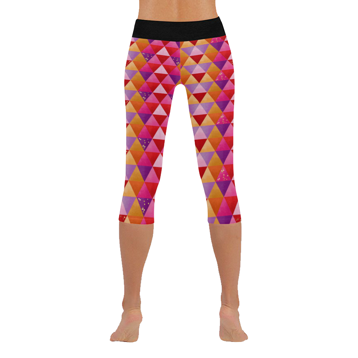 Triangle Pattern - Red Purple Pink Orange Yellow Women's Low Rise Capri Leggings (Invisible Stitch) (Model L08)