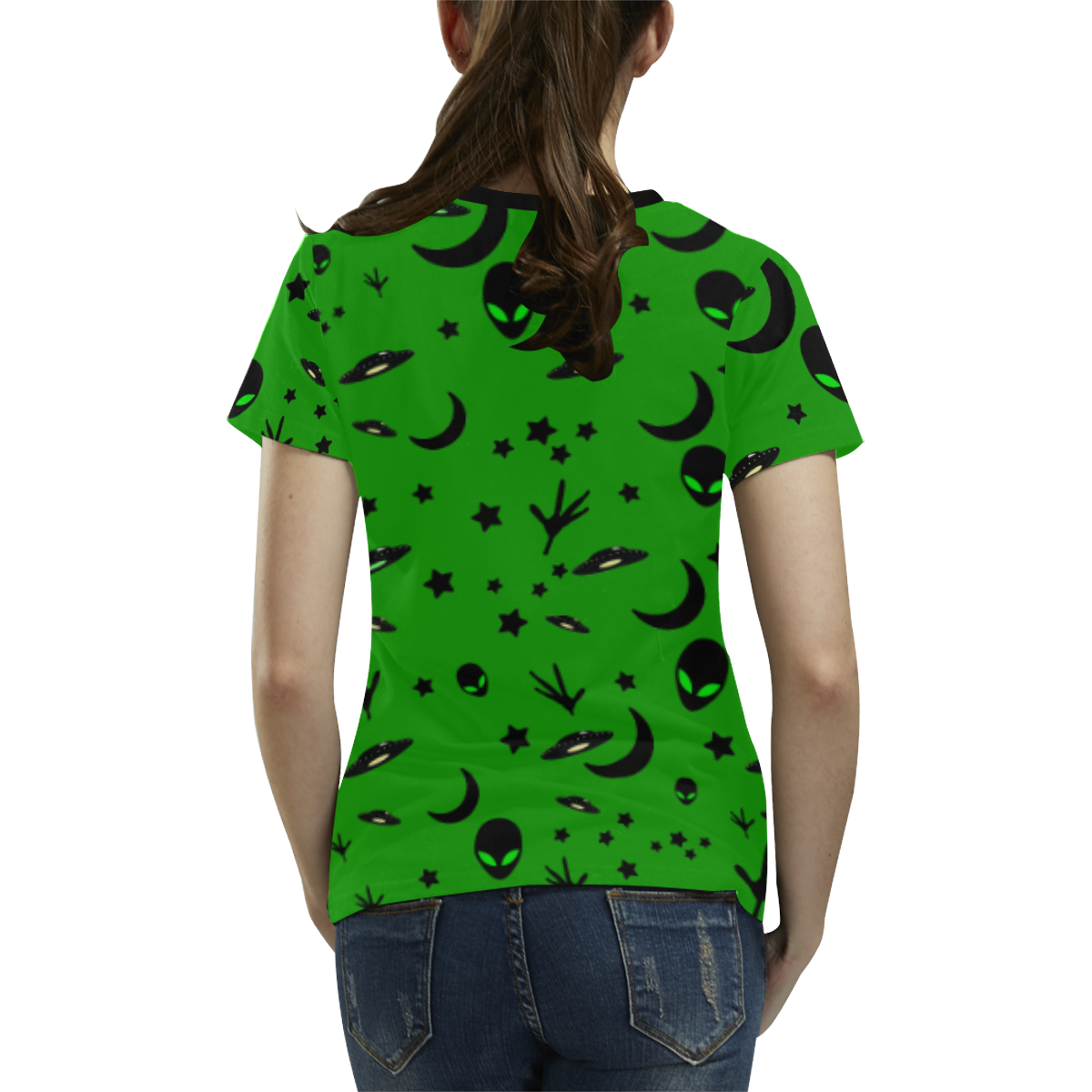 Alien Flying Saucers Stars Pattern on Green All Over Print T-shirt for Women/Large Size (USA Size) (Model T40)