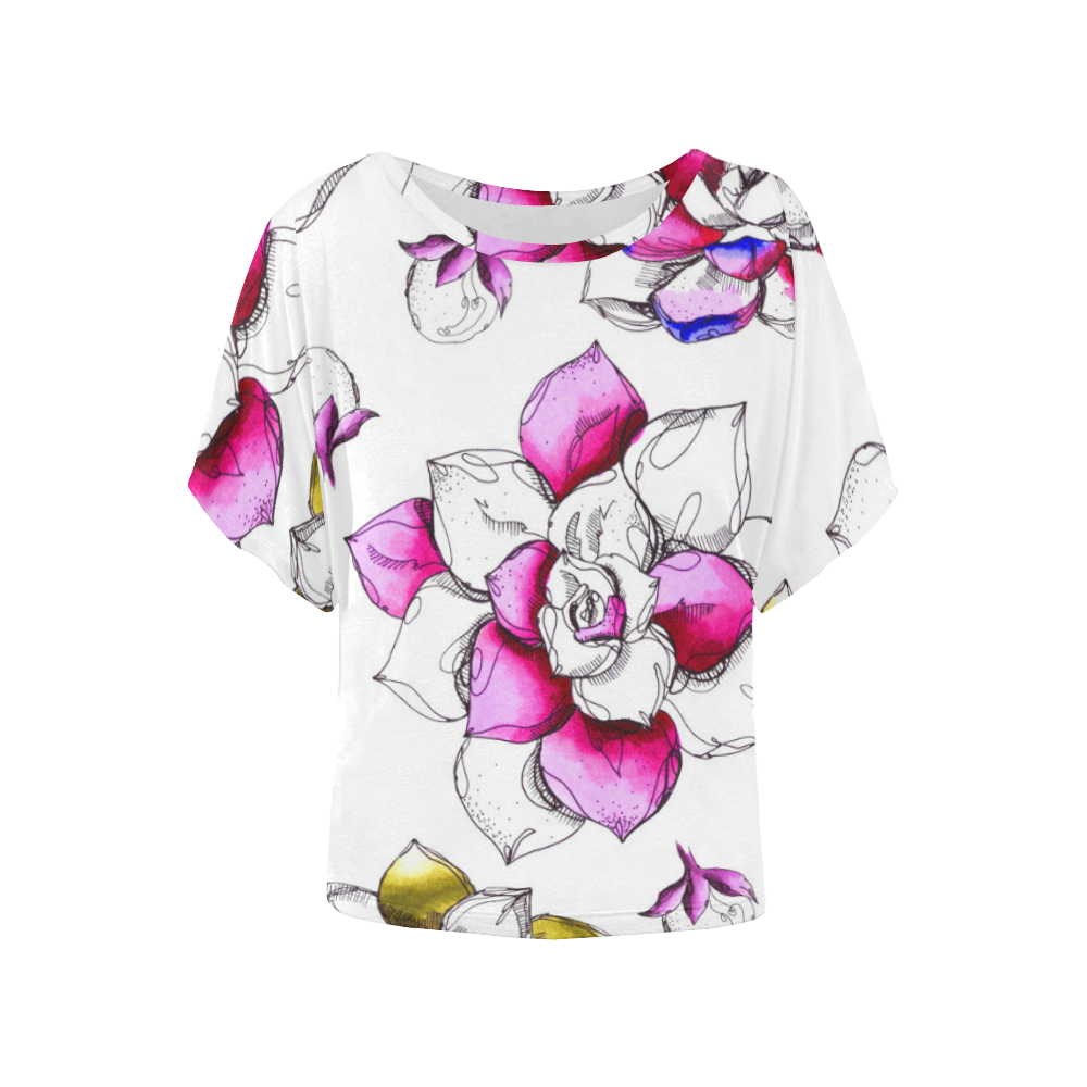 floral pink Women's Batwing-Sleeved Blouse T shirt (Model T44)