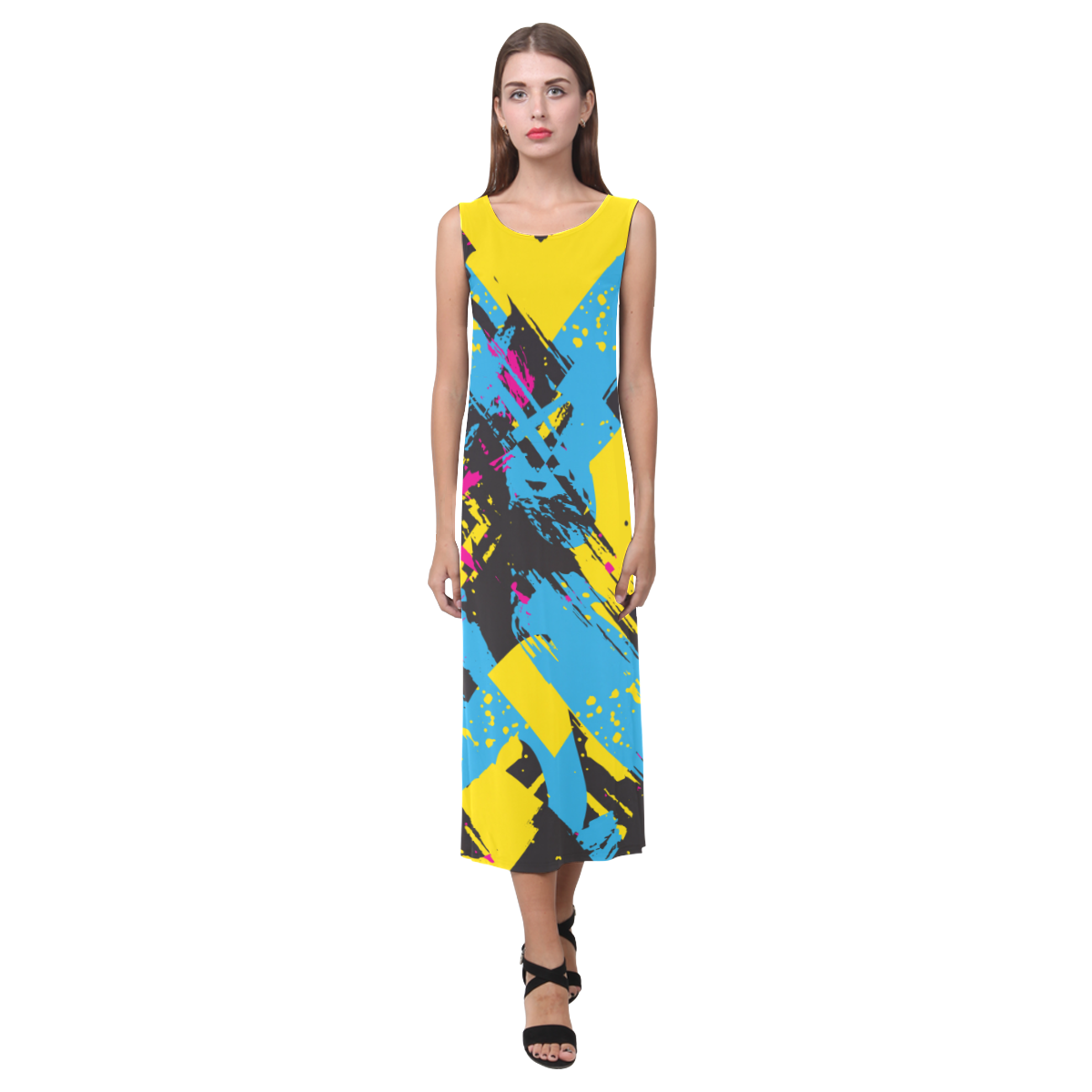 Colorful paint stokes on a black background Phaedra Sleeveless Open Fork Long Dress (Model D08)