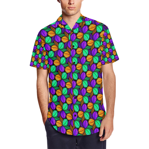 Tricolor Floral Pattern Orange Green and Violet Men's Short Sleeve Shirt with Lapel Collar (Model T54)