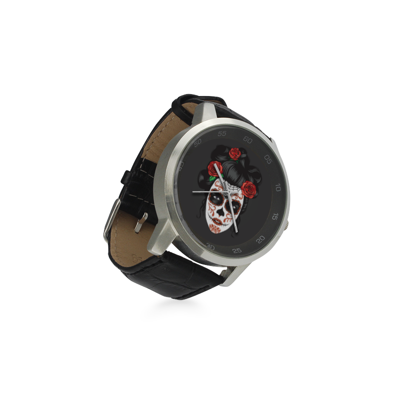 Tatto Girl Day of the Dead Unisex Stainless Steel Leather Strap Watch(Model 202)