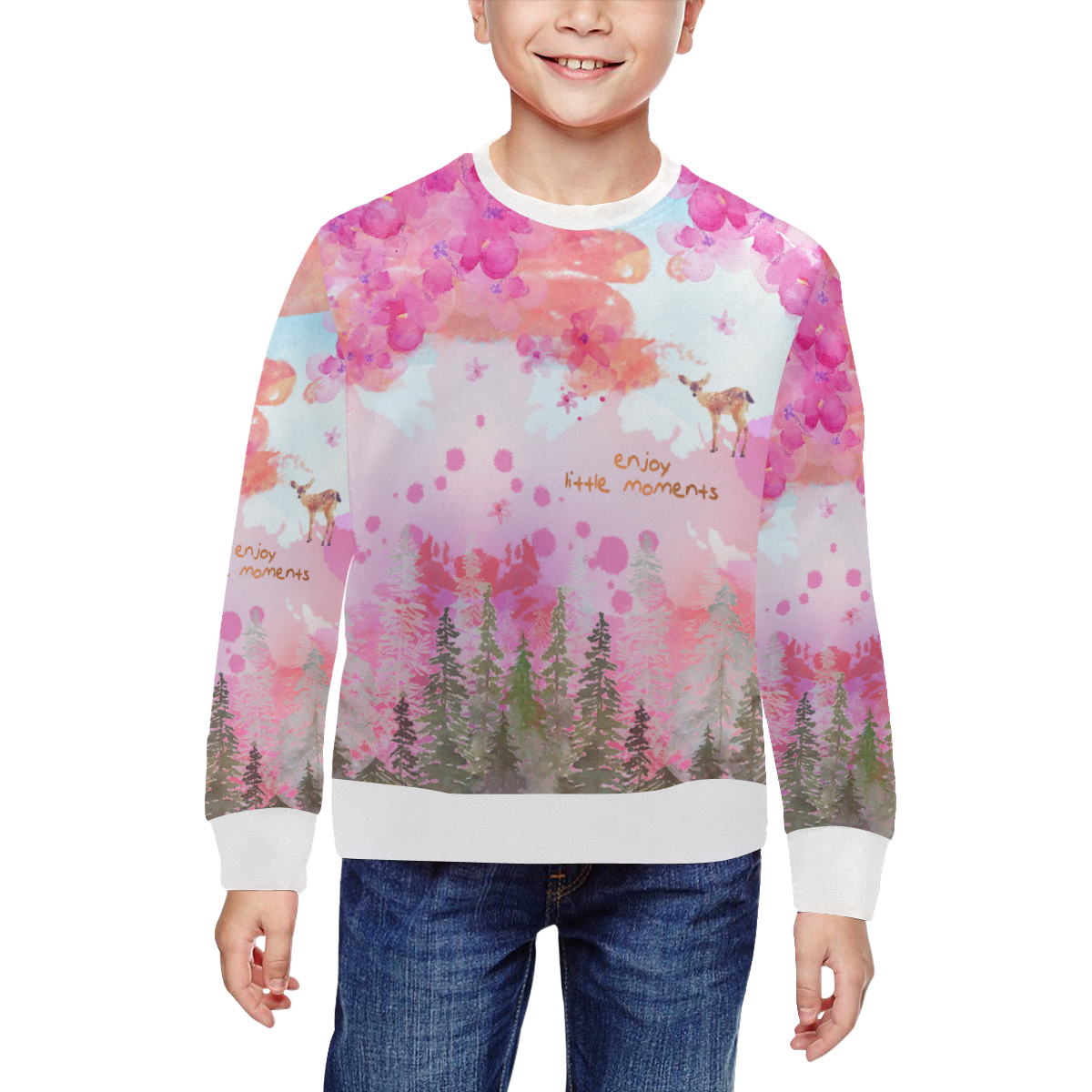 Little Deer in the Magic Pink Forest All Over Print Crewneck Sweatshirt for Kids (Model H29)