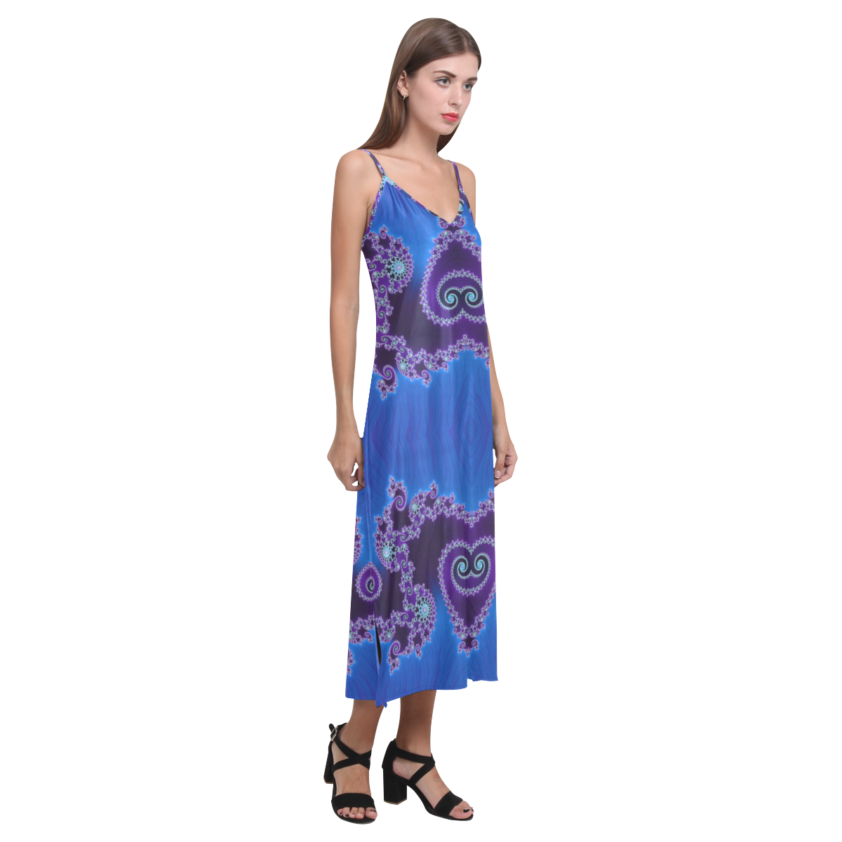 Blue Hearts and Lace Fractal Abstract 2 V-Neck Open Fork Long Dress(Model D18)