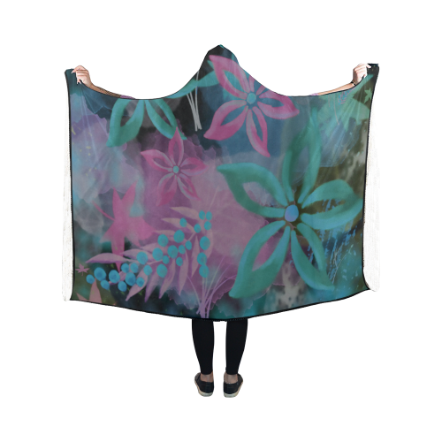 Flower Pattern - black, teal green, purple, pink Hooded Blanket 50''x40''
