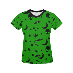 Alien Flying Saucers Stars Pattern on Green All Over Print T-shirt for Women/Large Size (USA Size) (Model T40)