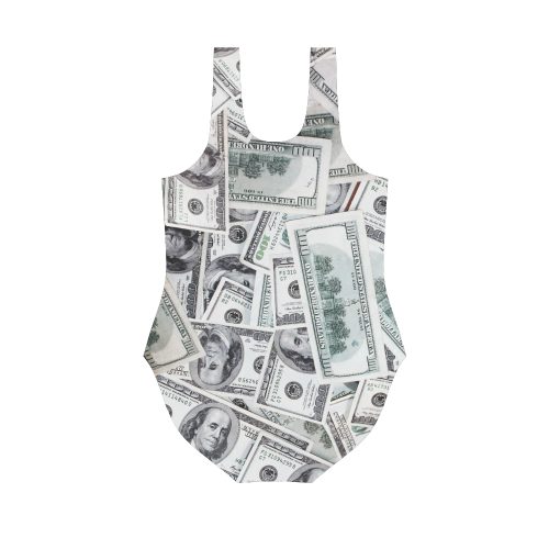 Cash Money / Hundred Dollar Bills Black Strap Vest One Piece Swimsuit (Model S04)