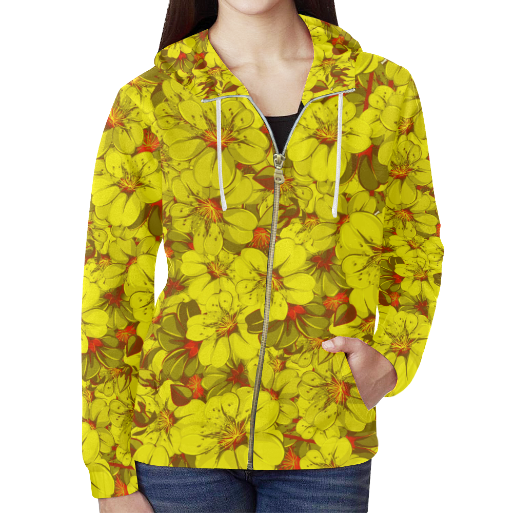 Yellow flower pattern All Over Print Full Zip Hoodie for Women (Model H14)