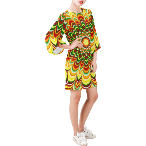 Colorful flower striped mandala 2nd Version Bell Sleeve Dress (Model D52)