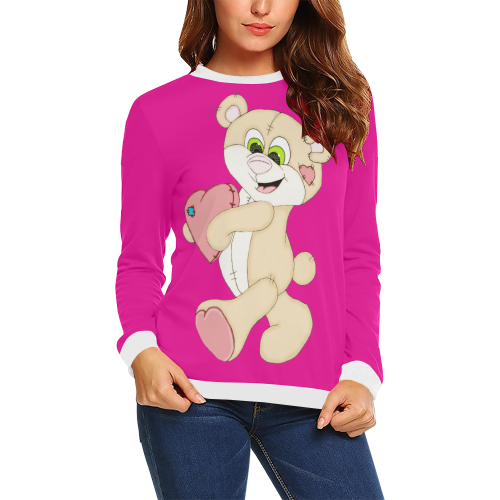 Patchwork Heart Teddy Pink/White All Over Print Crewneck Sweatshirt for Women (Model H18)