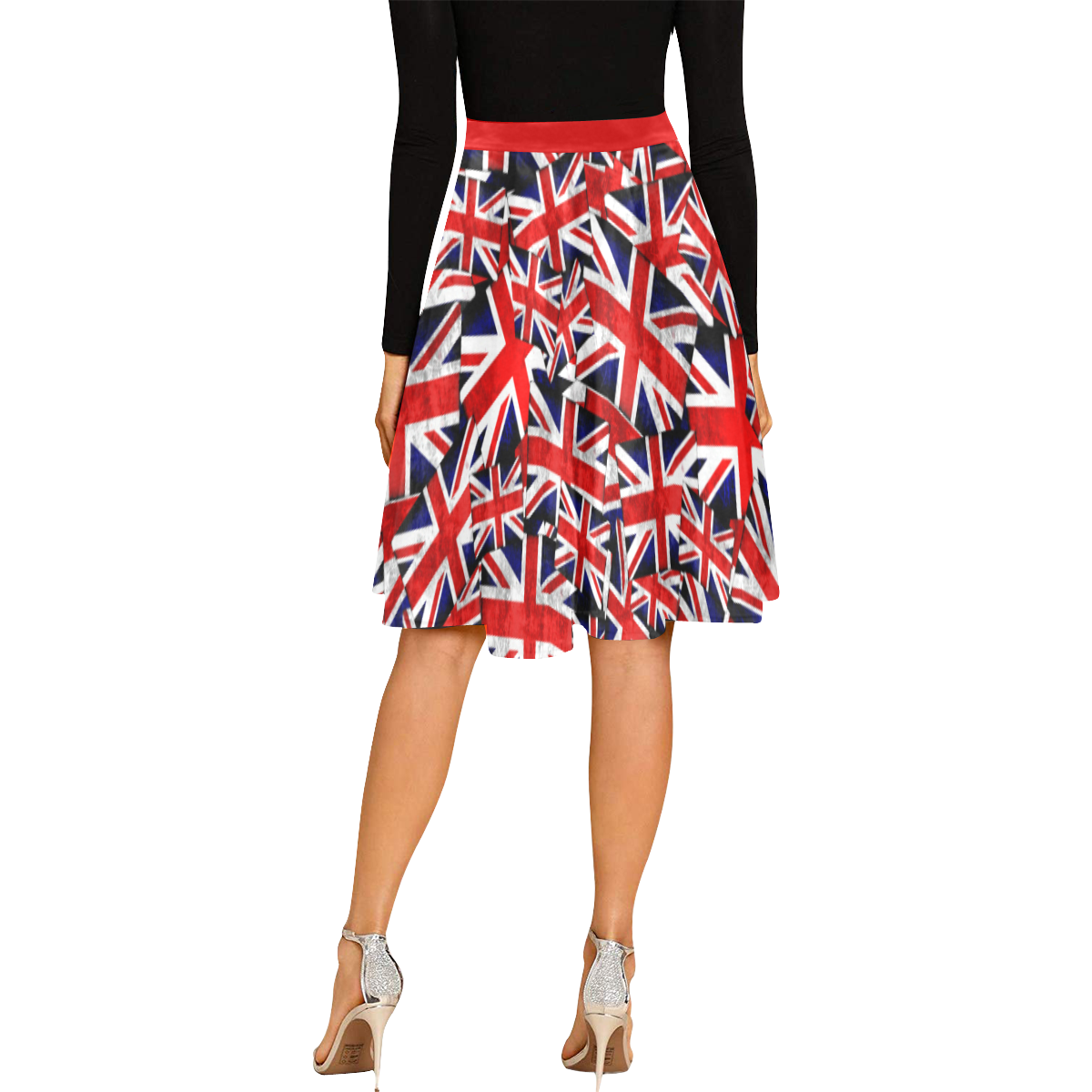 Union Jack British UK Flag - Red Melete Pleated Midi Skirt (Model D15)