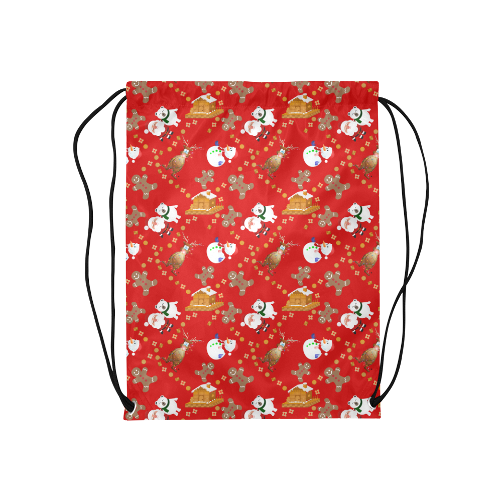 Christmas Gingerbread, Snowman, Reindeer and Santa Red Medium Drawstring Bag Model 1604 (Twin Sides) 13.8"(W) * 18.1"(H)