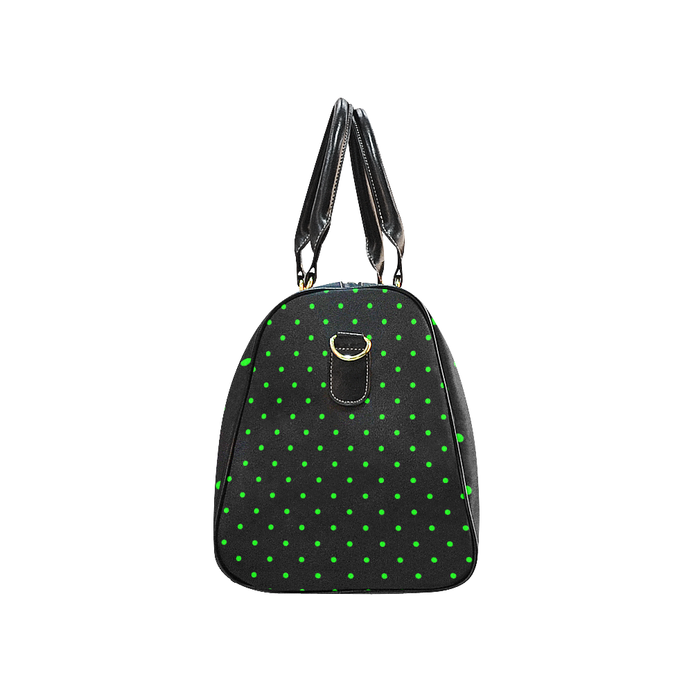 Green Polka Dots on Black New Waterproof Travel Bag/Large (Model 1639)