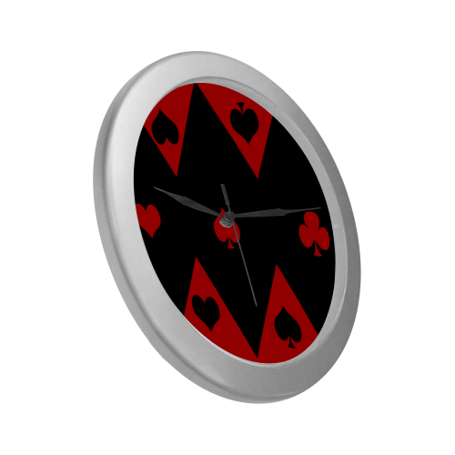 Las Vegas Black Red Play Card Shapes Silver Color Wall Clock