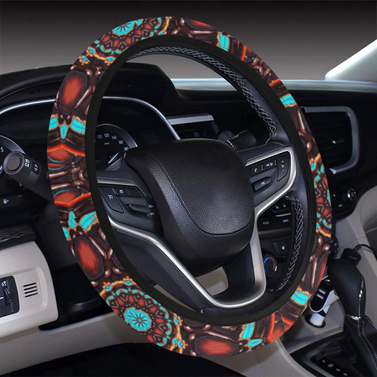 K172 Wood and Turquoise Abstract Pattern Steering Wheel Cover with Elastic Edge