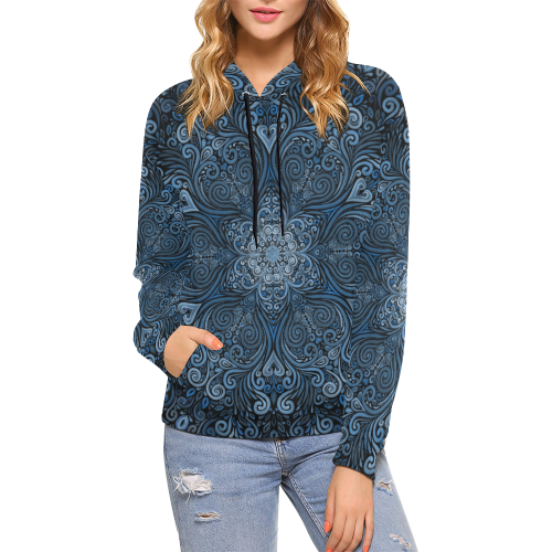 Blue Mandala Ornate Pattern 3D effect All Over Print Hoodie for Women (USA Size) (Model H13)