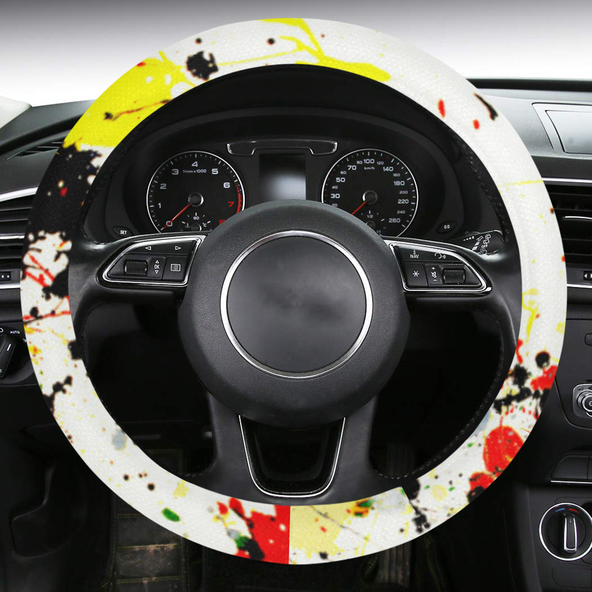 Black, Red, Yellow Paint Splatter Steering Wheel Cover with Anti-Slip Insert