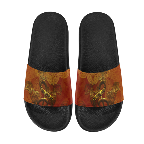 Music, clef in golden metal Women's Slide Sandals (Model 057)